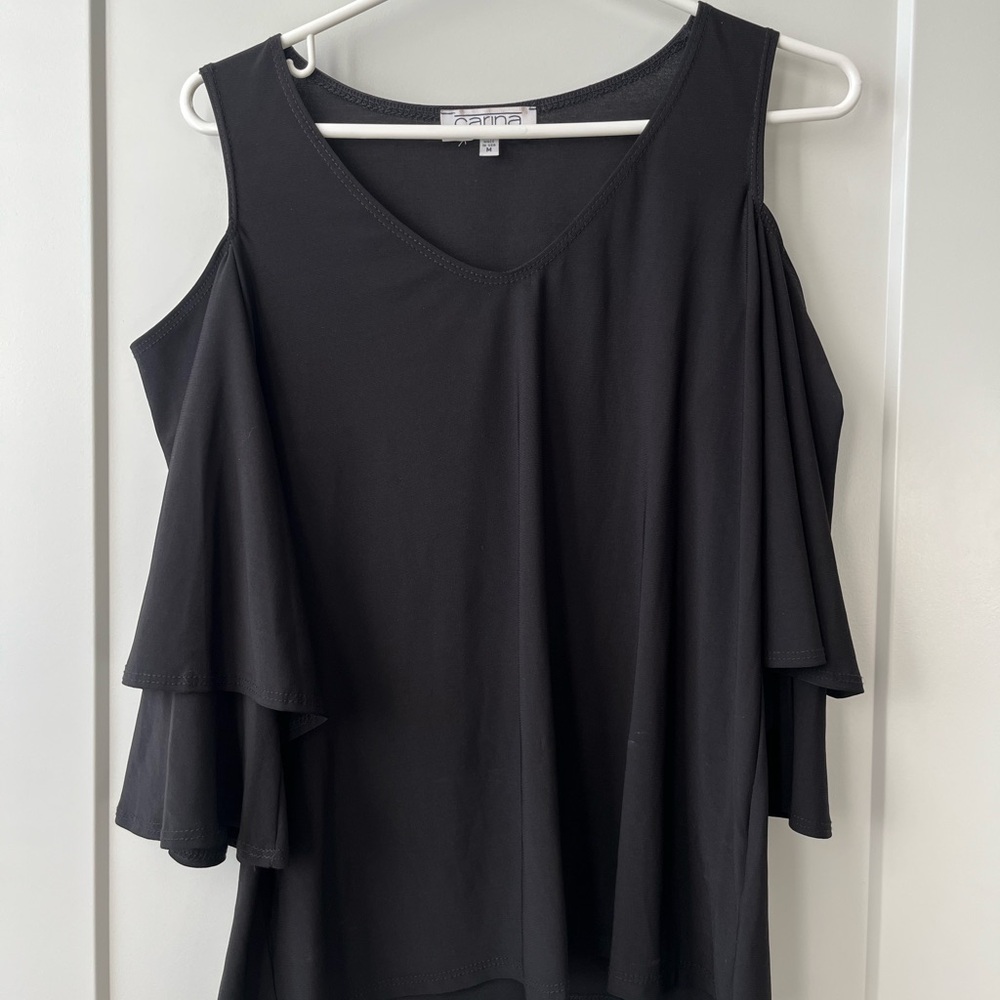 open shoulder black womens blouse with ruffle sleeve details size M